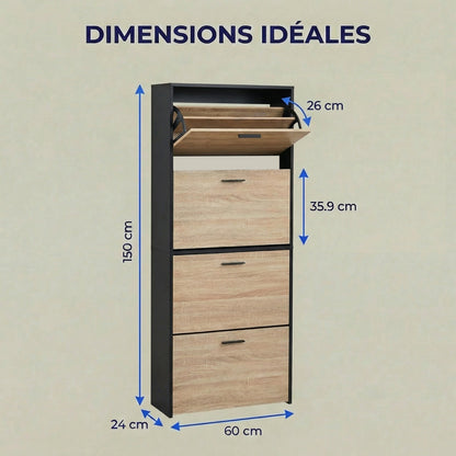 Meuble à chaussures avec 4 compartiments à rabat, armoire à chaussures en bois pour jusqu'à 24 paires, organisateur d'entrée peu encombrant