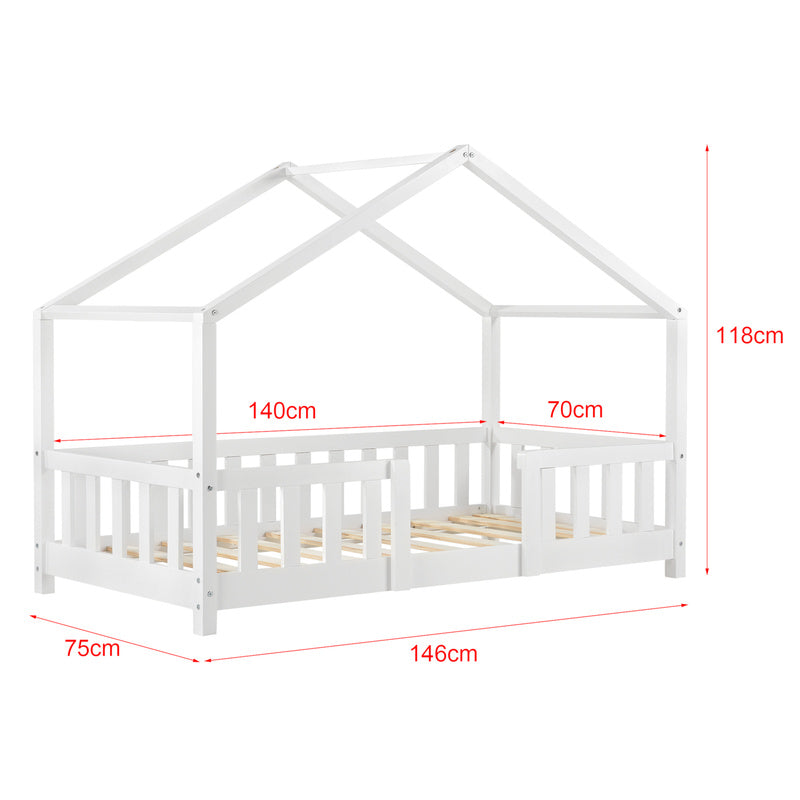 Lit pour enfants Treviolo de style maison avec protection contre les chutes en bois de pin
