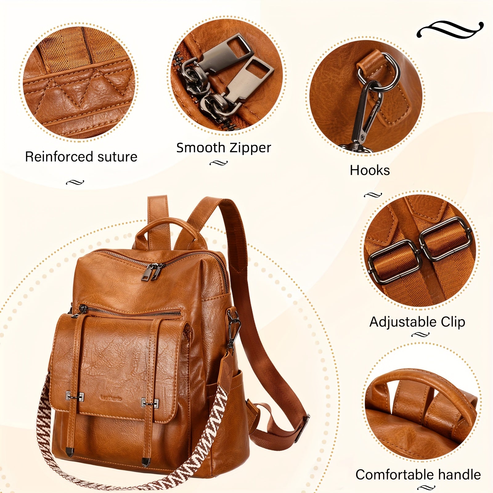 Sac à dos pour femmes Leathario, sac à dos urbain en similicuir végan, sac à main pour femmes, sac à dos de taille moyenne, bureau, navettage, sac à dos de sécurité pour le travail, sac à dos de voyage léger et élégant, entrepôt local