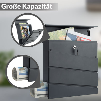 MONZANA® XXL Boîte aux Lettres avec Compartiment pour Journal, Verrouillable, 2 Clés Incluses - Matériel d'Assemblage en Acier Moderne et Simple – Mur à Rouleau de Papier Antracite