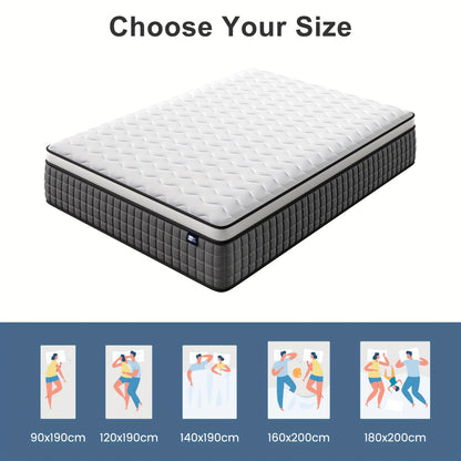 Matelas à ressorts de conception hybride - S'adapte aux courbures du corps, soulage la pression, silencieux et anti-vibration, hauteur de 30 cm