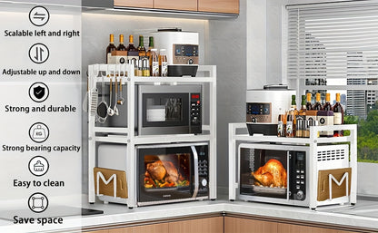 Étagère Micro-ondes Devesanter, Étagère de Cuisson Extensible 3 Niveaux avec 6 Crochets, 3 Porte-Serviettes et 1 Porte-Planche à Découper. Idéale pour Étagères de Cuisine, Étagères à Épices et Rangement de Micro-ondes. Noir. S'étend de 40 cm à 64 cm