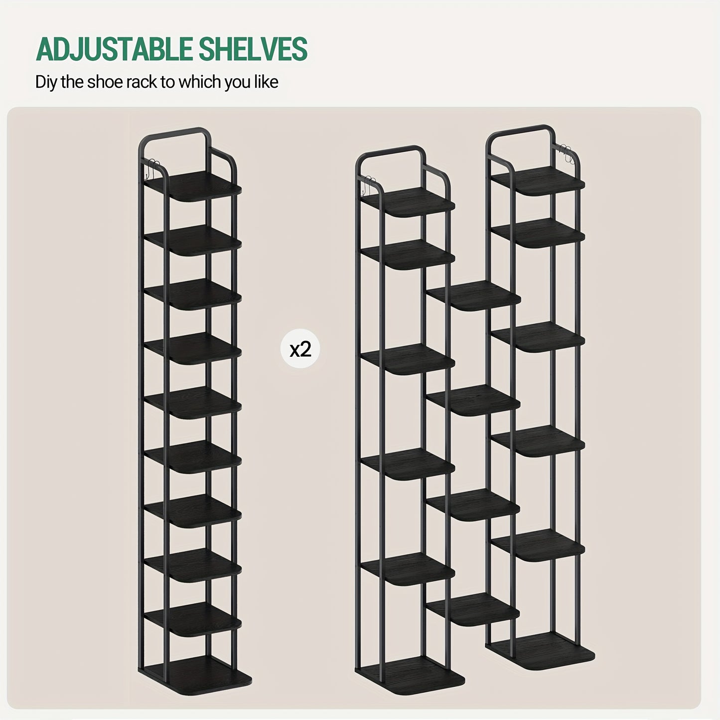 Étagère à chaussures verticale, Organisateur de chaussures,  à chaussures peu encombrante, Autoportante, Réglable, 10 niveaux