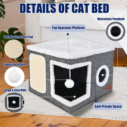Maison pour chat avec lits à 2 niveaux, tunnel de jeu, canapé pliable, griffoir et balle suspendue en peluche - Cadre en nylon durable, toile douce, conception fermée toutes saisons, cube de lit pour chat d'intérieur facile à assembler, unité de divertiss