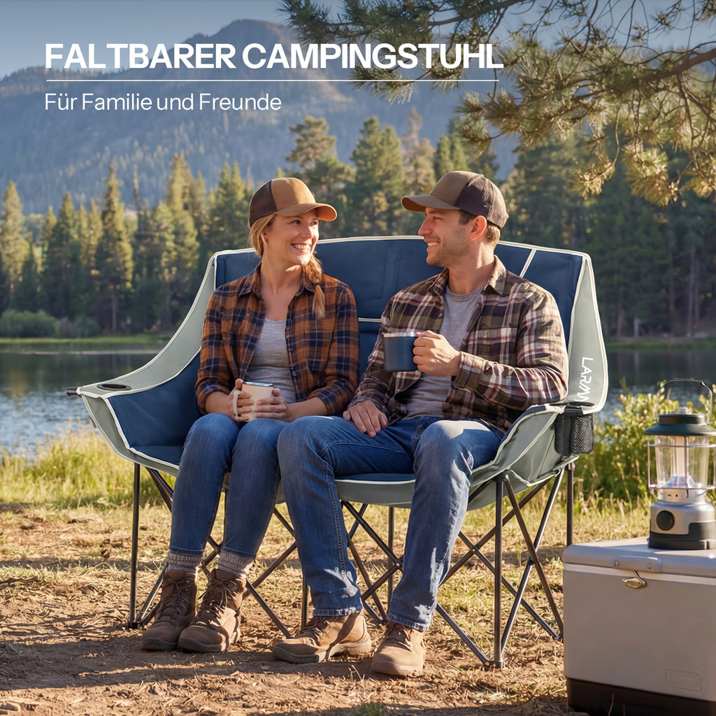Canapé de camping double avec 2 porte-gobelets - 95 cm de large, supporte jusqu'à 200 kg, coussins bleu-gris doux, conception pliante portable, avec sac de rangement, parfait pour la pêche, les pique-niques, les plages et les pelouses, bleu et gris