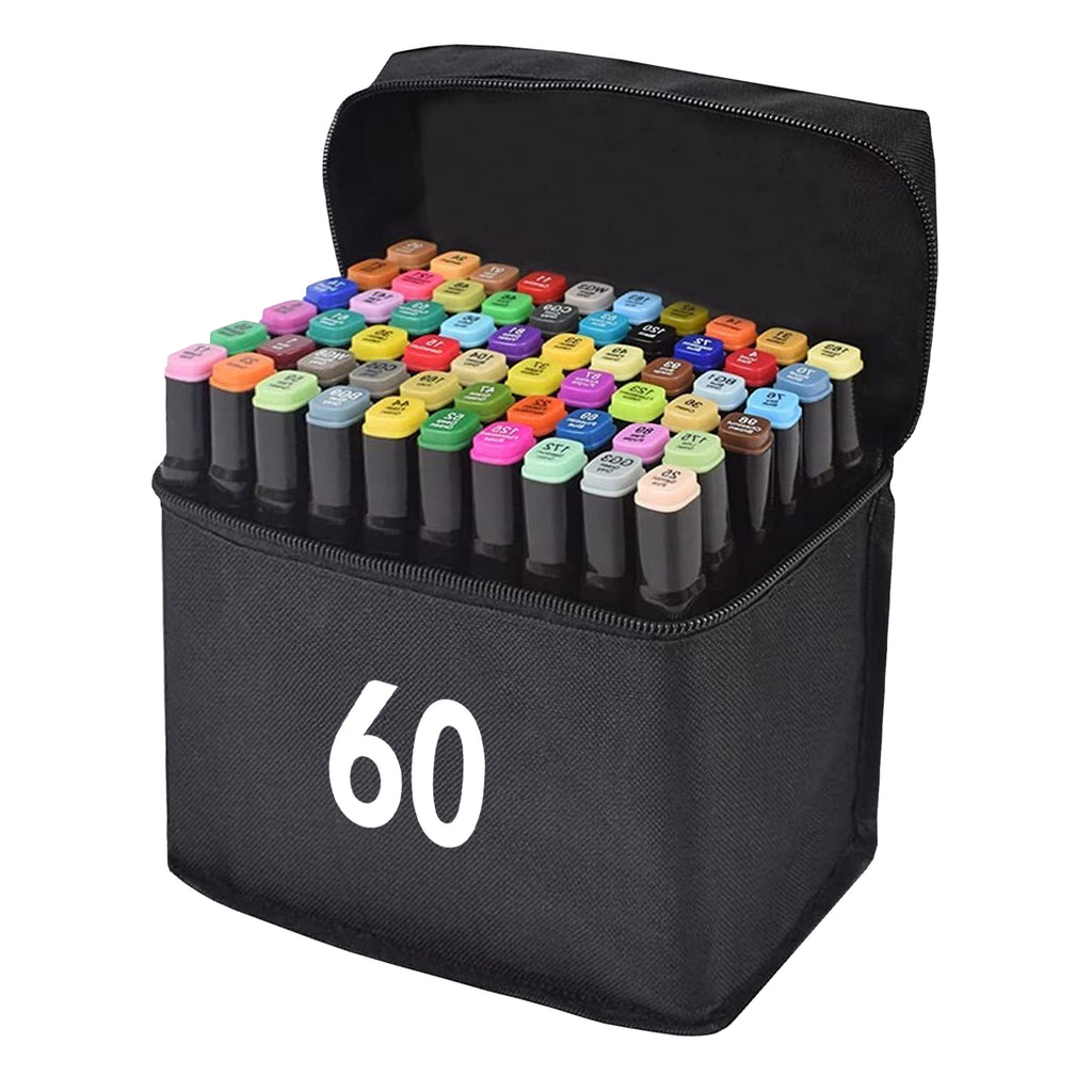 Lot de 60 marqueurs à double pointe à base d'alcool dans une trousse de transport pratique, parfaits pour les artistes, les graphistes et les passionnés de dessin et de manga. Équipés de deux pointes—fine et large—permettant un dessin précis et le remplis