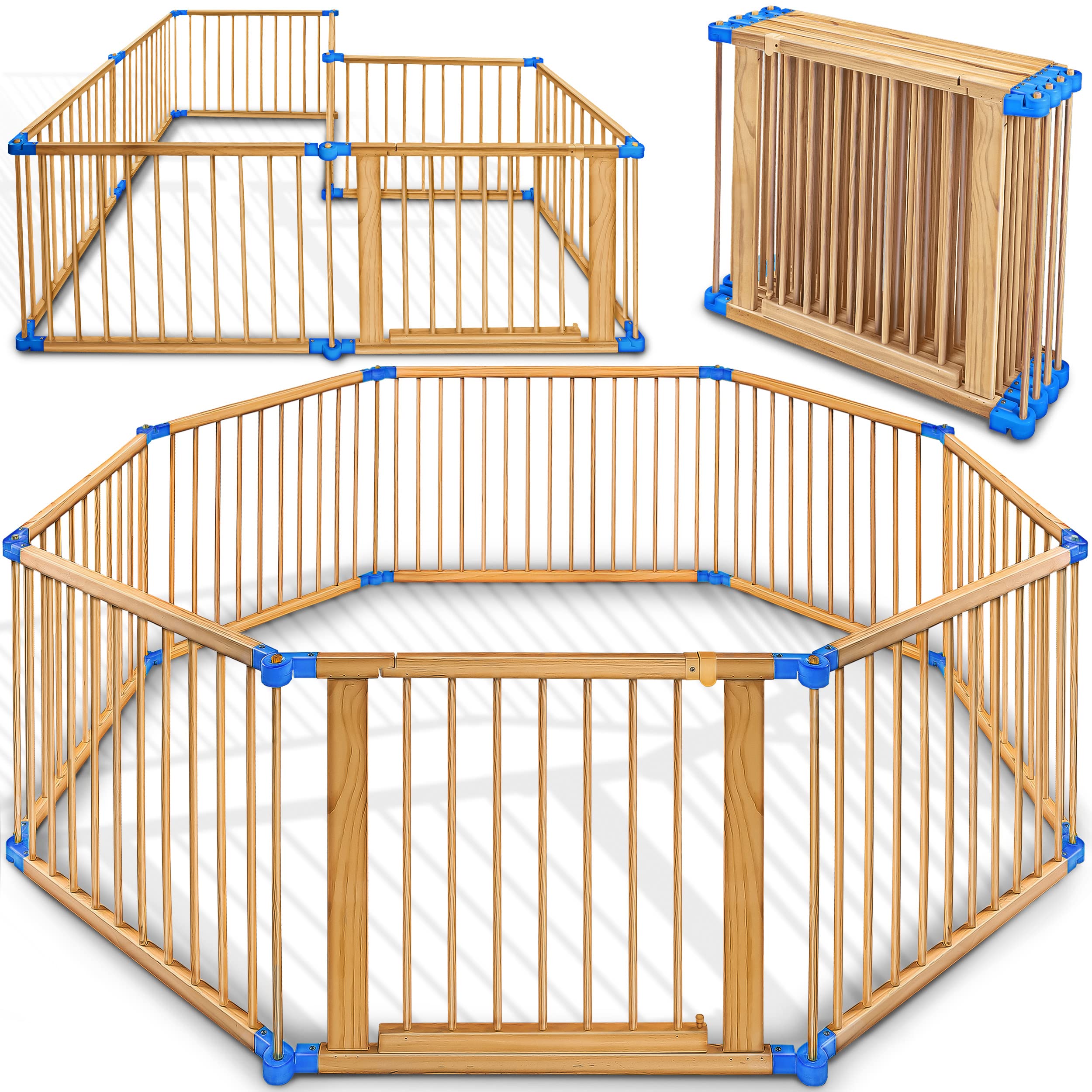 KIDUKU® Parc bébé pliable XXL de 7,2 mètres avec porte | Parc en bois avec double sécurité | Parc pliable pour enfants avec 8 éléments