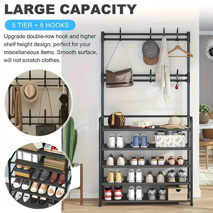 Porte-Chaussures Économiseur d'Espace - Porte-Manteau à 5 Niveaux avec 8 Crochets, Structure Solide en Métal Doré/Plastique, Design Autoportant ou Mural pour Maison, Bureau et Magasin - Idéal pour Ranger Chaussures, Manteaux, Chapeaux, etc., Cadeau d'Hall