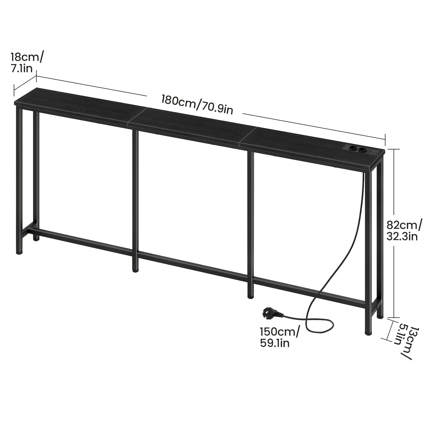 Table Console Moderne Industrielle Étroite avec Station de Chargement et Ports USB - Bois Ingénierie Robuste et Métal, Idéale pour Entrée, Salon, Table de Canapé, Bureau de Chargement USB pour Hall, Couloirs, Entrées