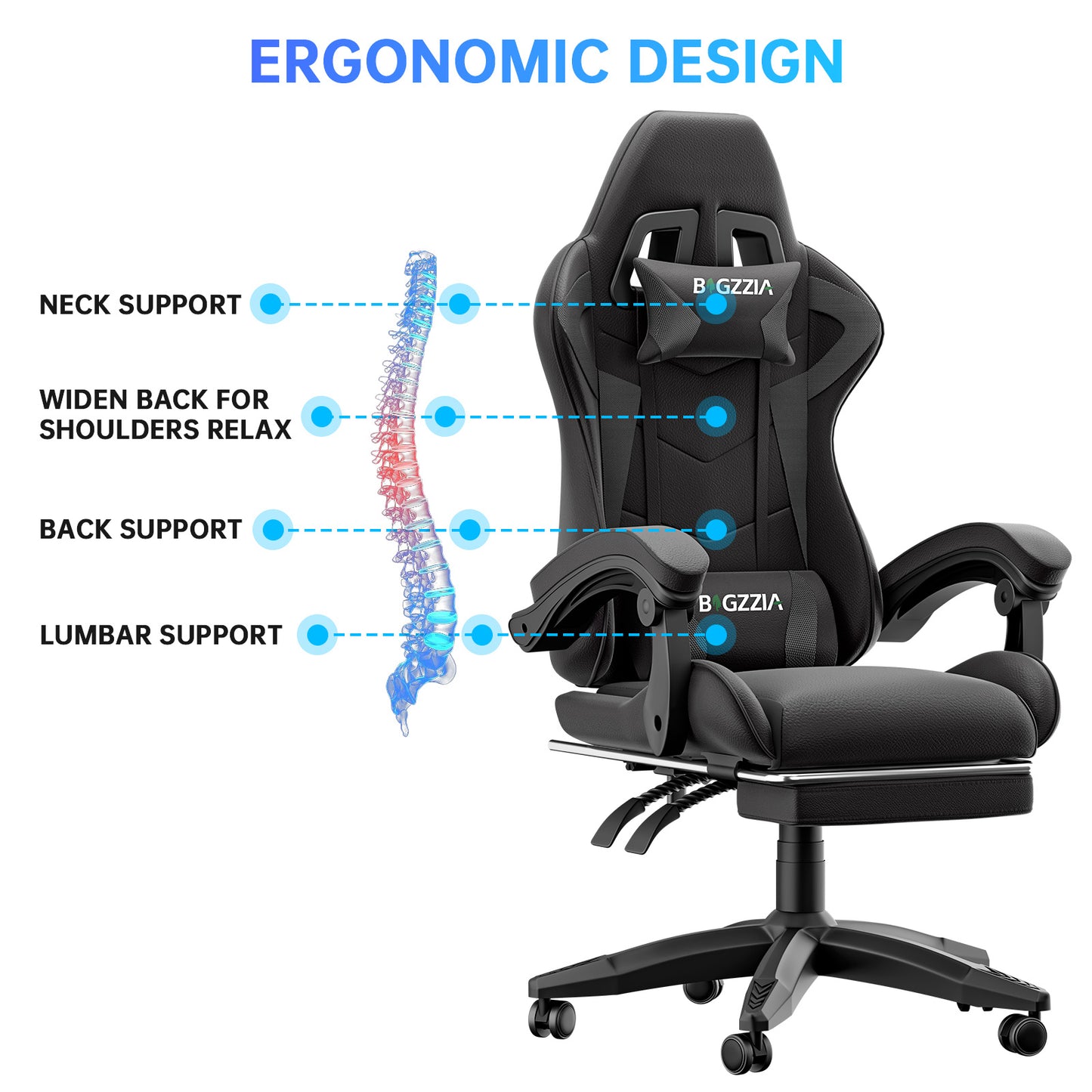 Gartistgo Chaise Gaming Ergonomique - Chaises Gaming avec Coussin Lombaire + Appui-Tête, Chaise de Bureau & Ordinateur Rehausseable pour Adultes, Filles, Garçons (Avec Repose-Pieds)