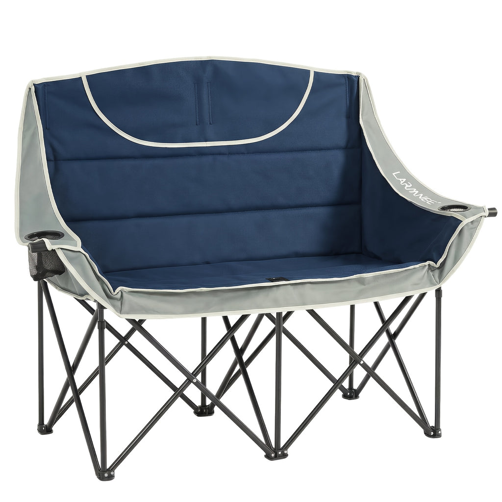 Canapé de camping double avec 2 porte-gobelets - 95 cm de large, supporte jusqu'à 200 kg, coussins bleu-gris doux, conception pliante portable, avec sac de rangement, parfait pour la pêche, les pique-niques, les plages et les pelouses, bleu et gris