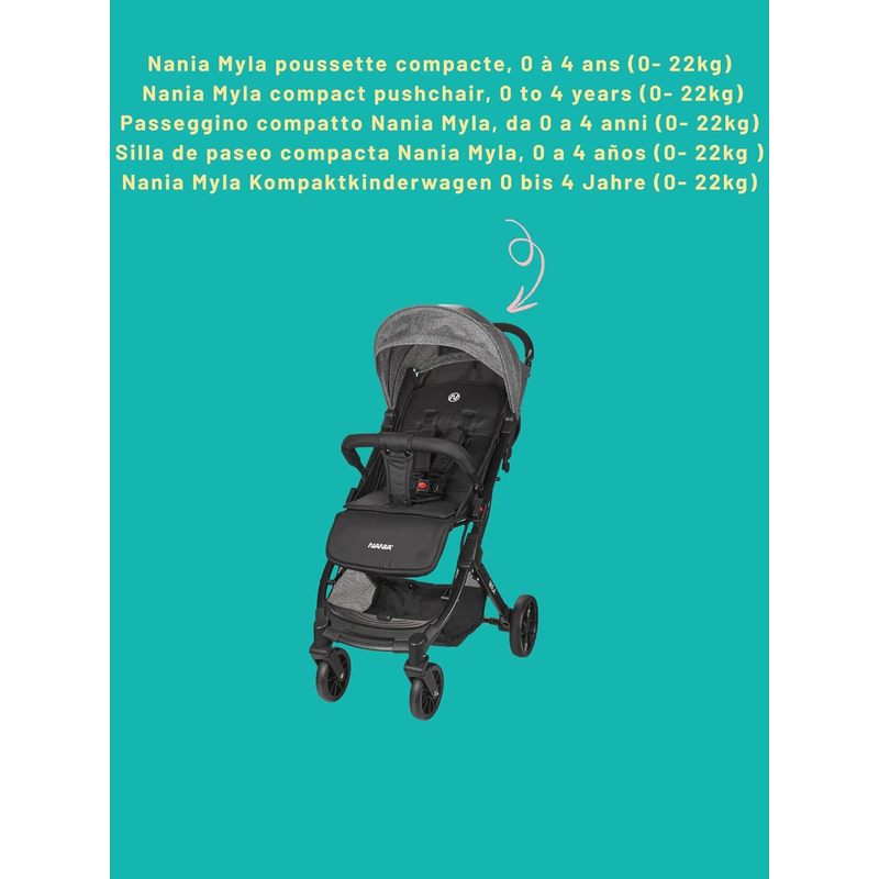 Myla, poussette canne compacte, 0 à 4 ans (22kg max), légère (7,5 kg), poussette citadine, inclinable d’une main en position allongée, grand panier de rangement, avec trolley de transport