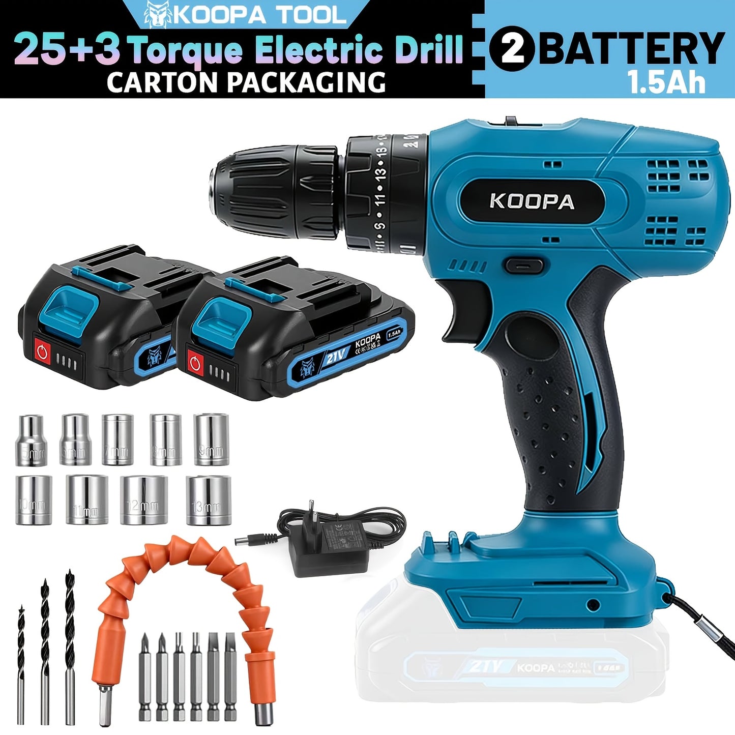 KOOPA TOOL Tournevis Électrique, Kit de Perceuse 21V, Tournevis de Perçage à 3 Niveaux de Couple 25, Équipé d'une Fonction de Perceuse à Impact et de Batterie Rechargeable, Adapté à une Boîte à Outils pour Toutes les Décorations Ménagères Quotidiennes