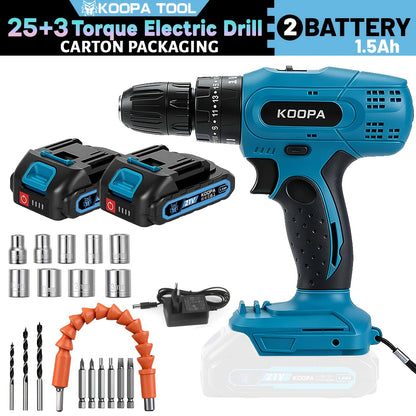 KOOPA TOOL Tournevis Électrique, Kit de Perceuse 21V, Tournevis de Perçage à 3 Niveaux de Couple 25, Équipé d'une Fonction de Perceuse à Impact et de Batterie Rechargeable, Adapté à une Boîte à Outils pour Toutes les Décorations Ménagères Quotidiennes