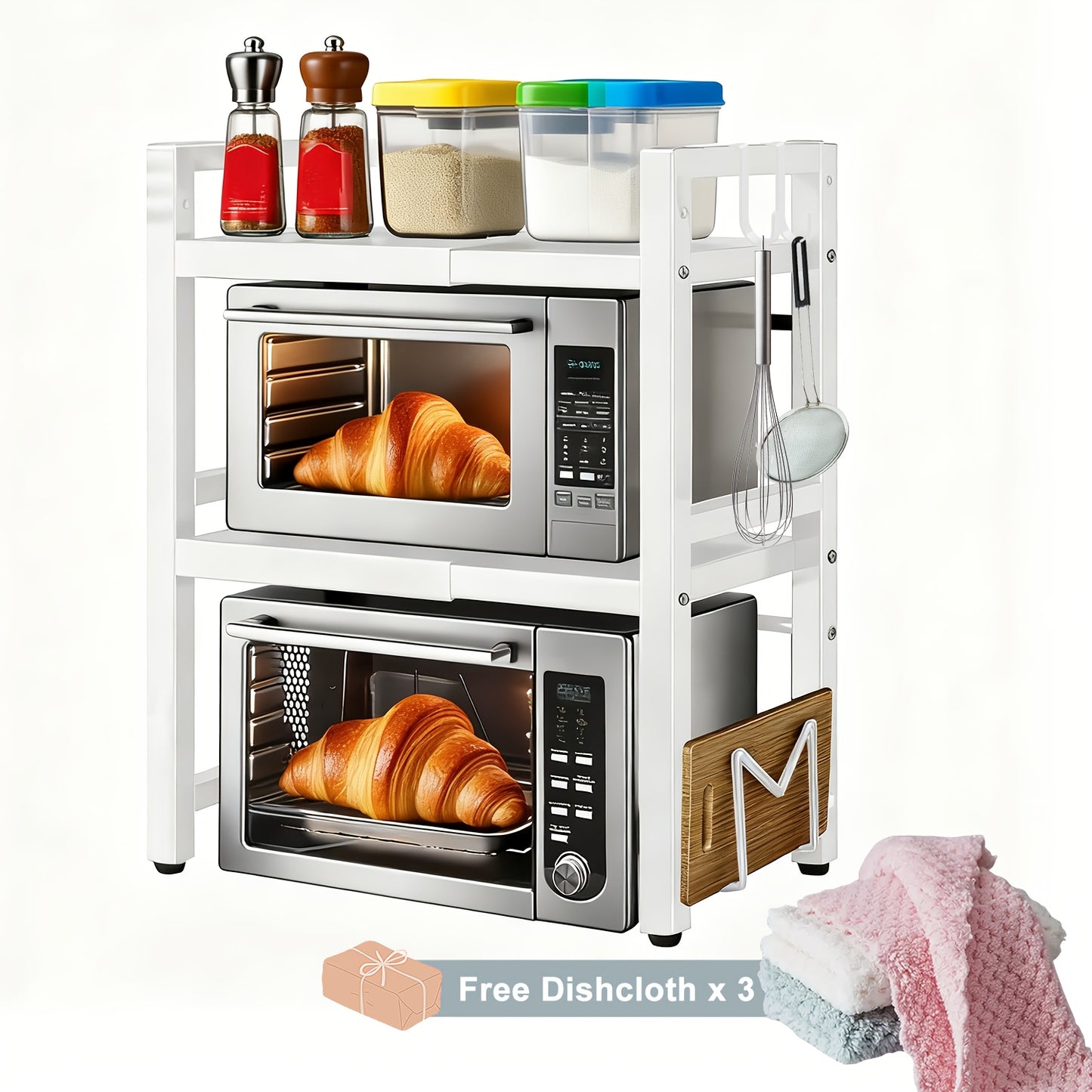 Étagère micro-ondes extensible 2/3 niveaux avec 2 crochets, un porte-planche à découper et 3 serviettes. Largeur réglable de 40 cm à 64 cm, hauteur ajustable. Idéale pour cuisines, bureaux et espaces de travail (noir, blanc)
