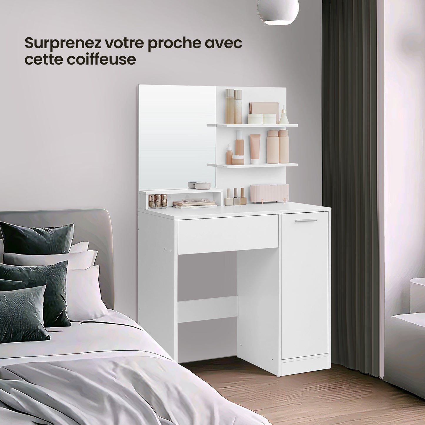 Coiffeuse avec Miroir, 1 tiroir, 2 étagères, SANS TABOURET, 80 x 40 x 132 cm, Placard de Rangement, Organisateur de Maquillage, Blanc