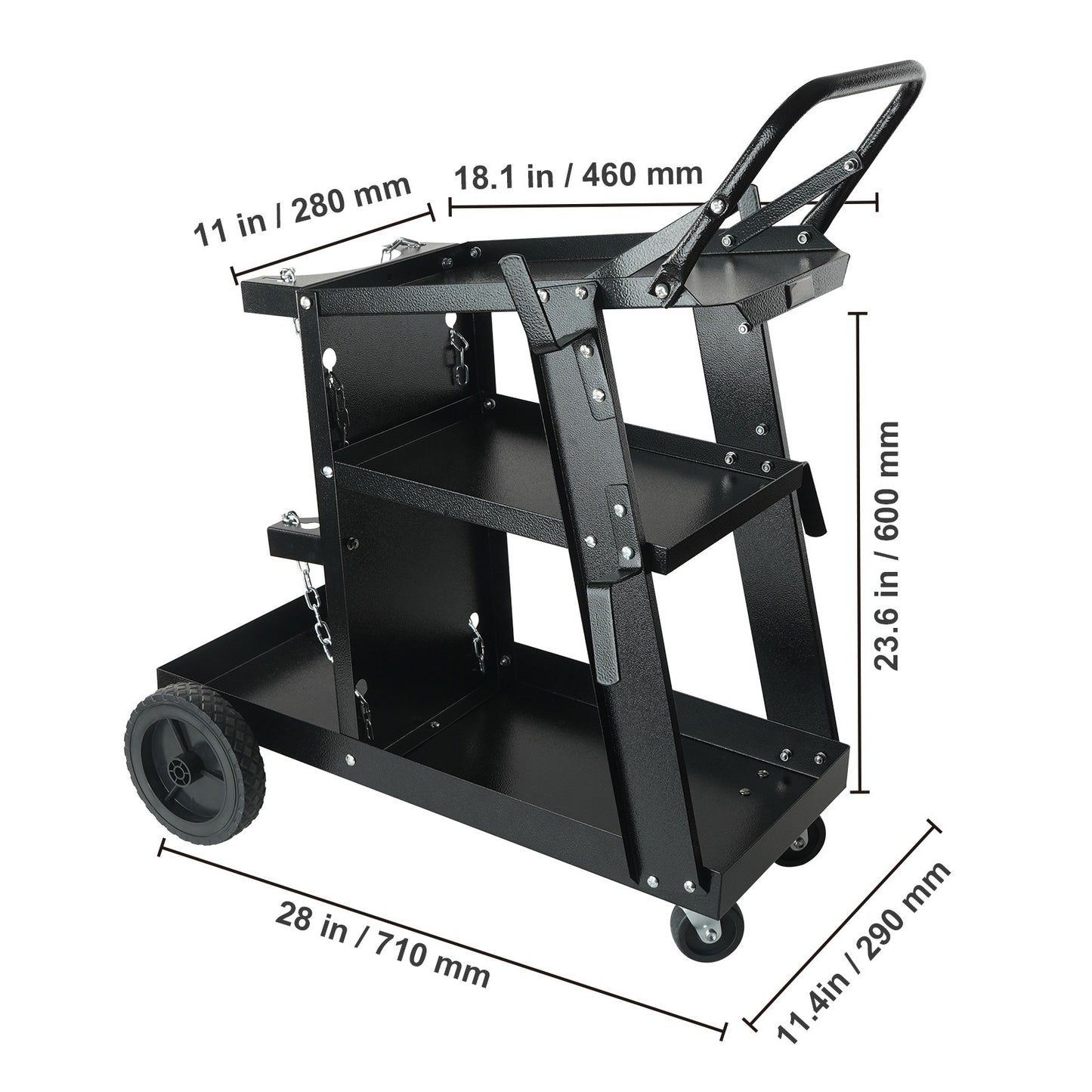Chariot de soudage VEVOR à 3 niveaux pour charges lourdes avec une capacité de poids de 400 lbs, roues pivotantes à 360°, chaînes de sécurité pour le rangement du réservoir, chariot de soudage MIG à roulettes pour machines de soudage TIG, ARC, MMA et plas