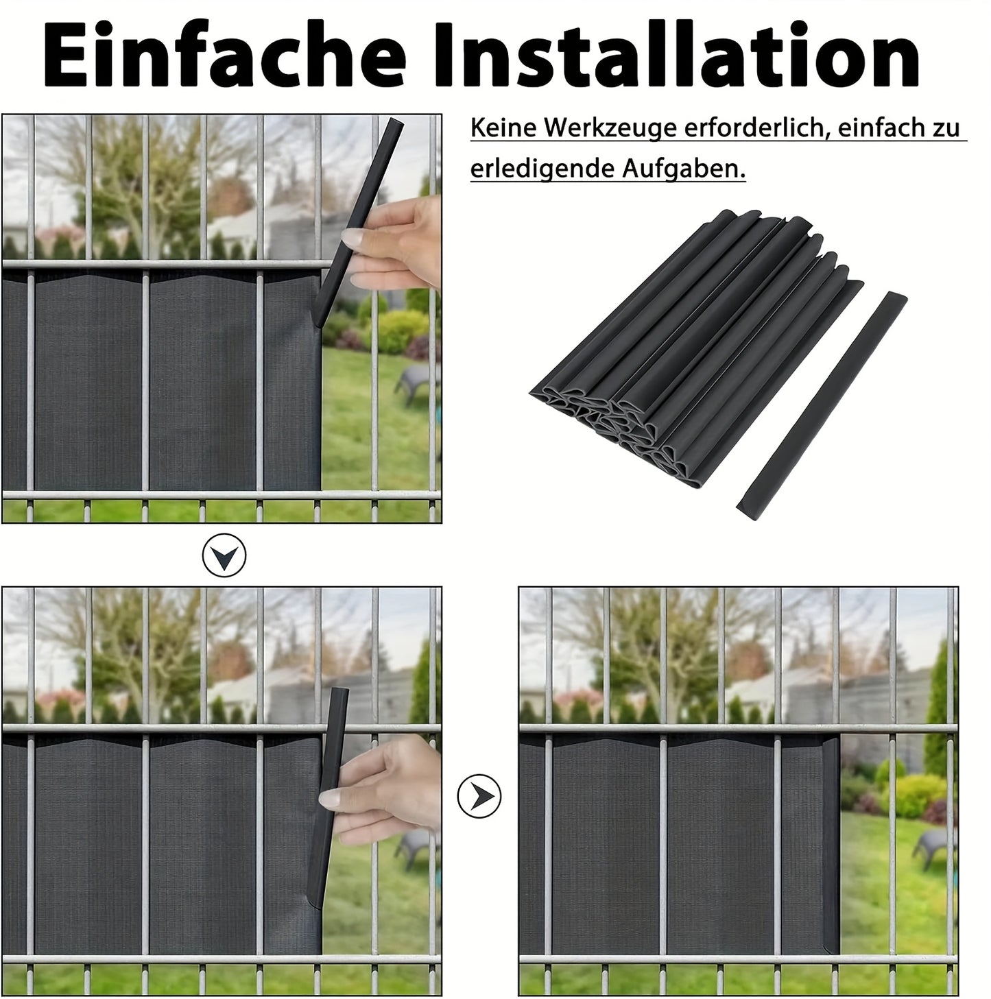 72 pièces de bandes d'écran d'intimité en PVC avec rails de serrage, conçues pour être utilisées comme barrière anti-vent ou écran d'intimité pour jardins et clôtures, comprenant des clips de fixation pour les clôtures en treillis double fil en couleur an