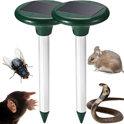 Lot de 2 Répulsifs Solaires Puissants pour Taupes, Campagnols et Rongeurs, Dissuasif Fort pour Petits Mammifères avec Émission de Son et de Vibrations, Fonctionnement Cyclique toutes les 40 Secondes, Portée jusqu'à 30 Mètres, Signal Acoustique Variable, F