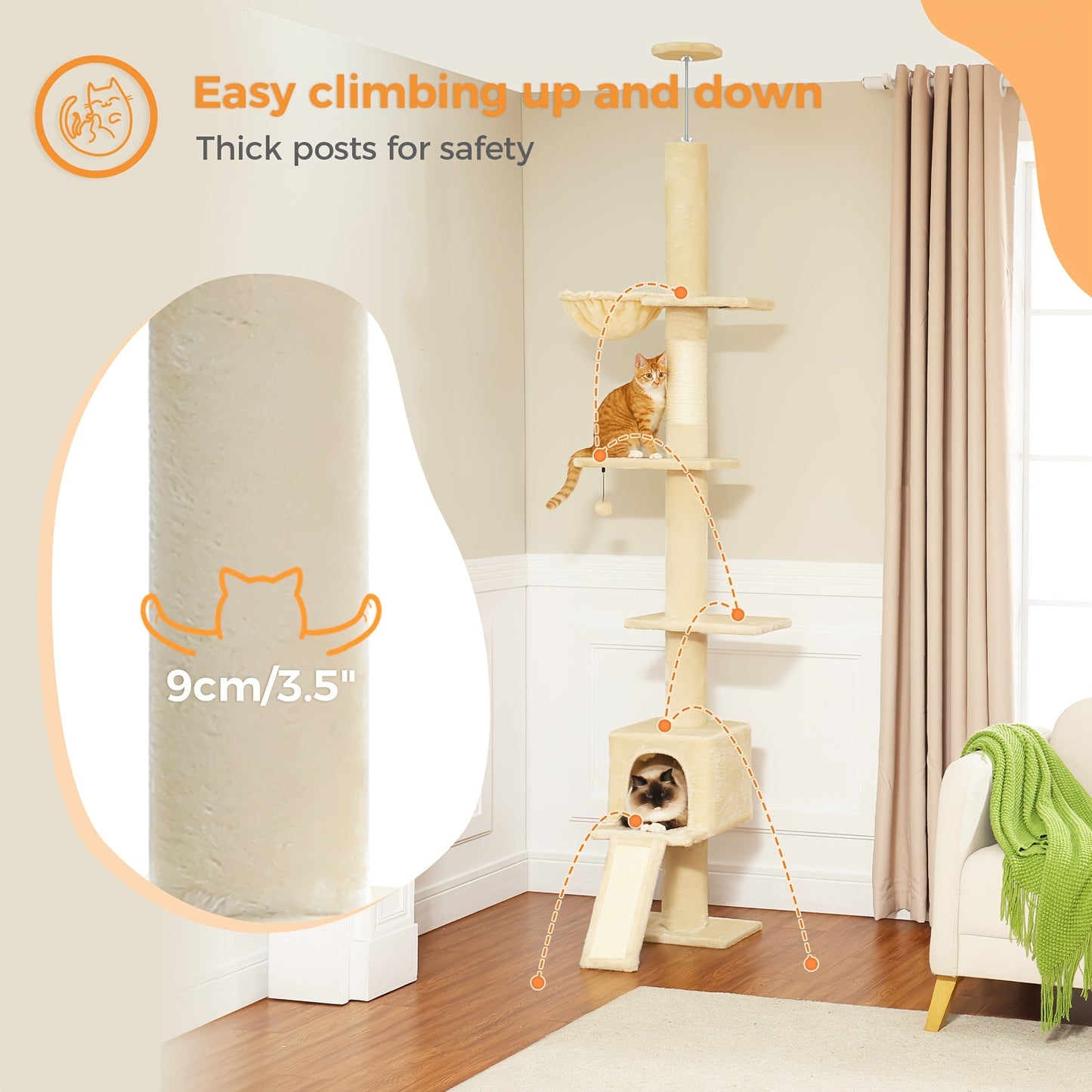PAWZ Road Arbre à Chat du Sol au Plafond à Hauteur Réglable de 216 cm à 273 cm, Tours pour Chats avec Espace d'Activité Spacieux, Hamac et Cabane pour Chat, Ceinture -Chute, 5 Niveaux