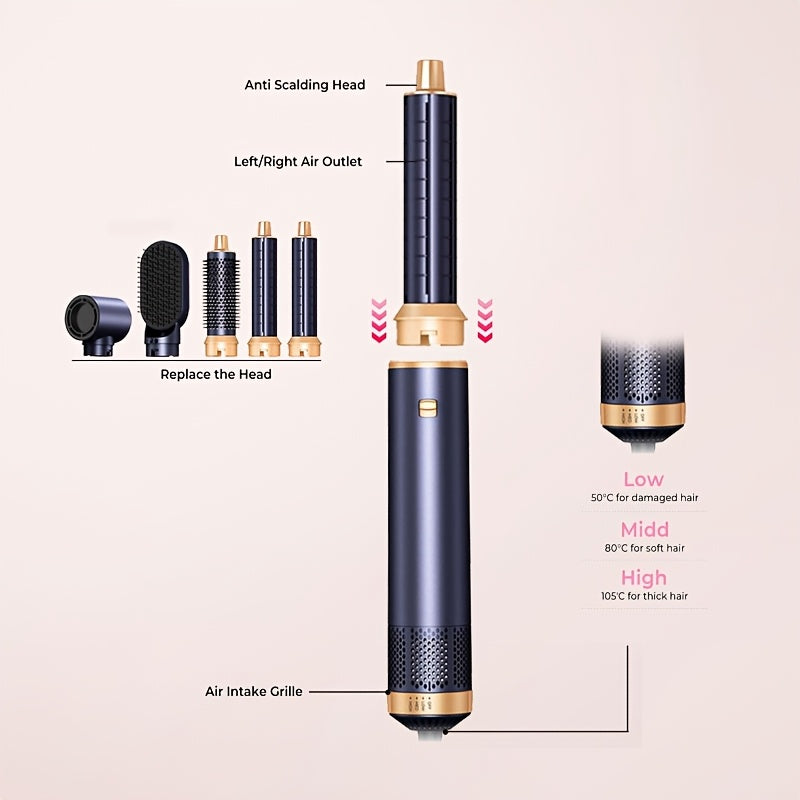 Kit Bigoudi à Air Chaud 5 en 1, 1000w, avec Diffuseur, Baguette à Boucler Automatique, Lissage et Coiffage, Sèche-Cheveux pour Salle de Bain, Brosse Chaude à Cheveux Détachable, Fer à Cheveux, Fer à Boucler à Air, Fer à Cheveux, Outil de Lissage, Cadeau S