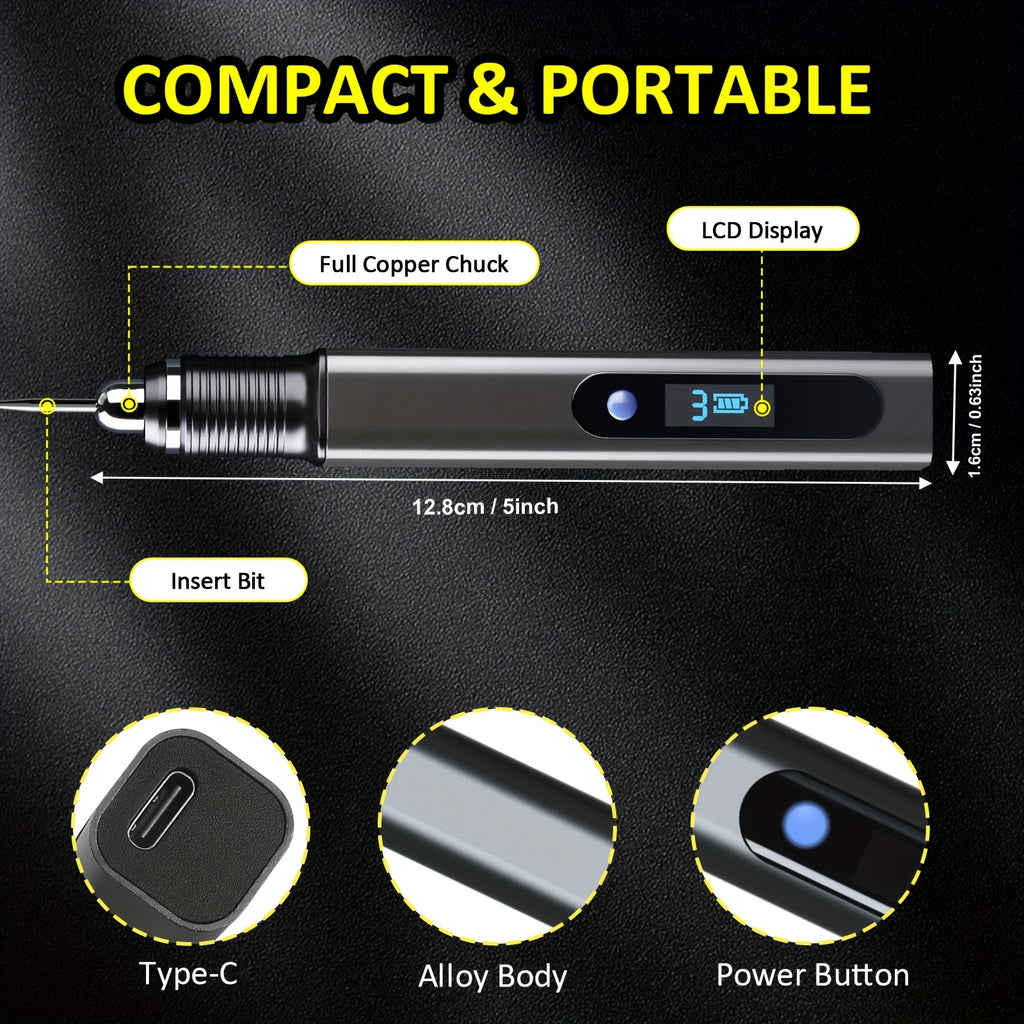 Stylo de gravure rechargeable avec 33 forets, 10 pochoirs, mini machine de microgravure électrolytique rotative à faire soi-même, convient pour la gravure de bijoux, la pierre, le bois, le verre, le métal, le plastique, cadeaux d'anniversaire, de fête des