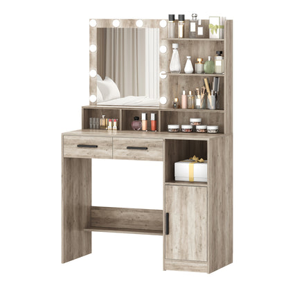 Coiffeuse avec miroir et 10 lumières LED, luminosité réglable, coiffeuse avec 2 tiroirs et 1 meuble, 3 étagères et 4 compartiments ouverts, blanc