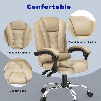 Chaise de bureau exécutive haute dossier, chaise de bureau ergonomique inclinable avec fonction d'inclinaison, chaise d'ordinateur robuste pour le travail à domicile