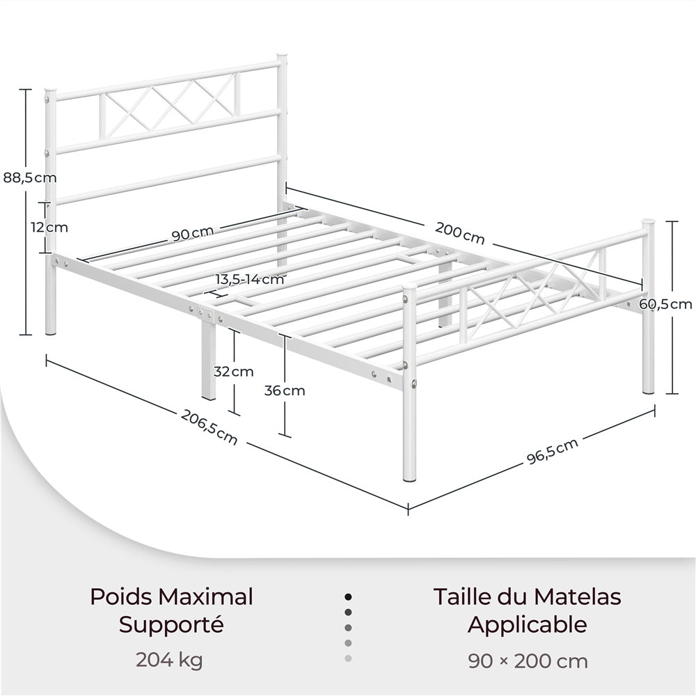 Costoffs Cadre de Lit en Métal Moderne - Structure à 6 Pieds avec Tête de Lit Design en Forme X - Sommier à Lattes Métalliques et Grand Espace de Rangement Sous-lit - Idéal pour Chambre d'Invite, Dortoir ou Appoint - Style Industriel Élégant