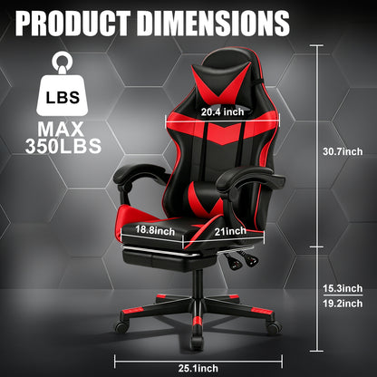 Chaise de Gaming Ergonomique avec Repose-Pieds - Pivotante à 360°, Réglable en Hauteur, Support Lombaire, Mécanisme d'Inclinaison Manuelle, Texture Simili, Rembourrage en Mousse et Cadre en Acier Inoxydable - Pour PC/Bureau