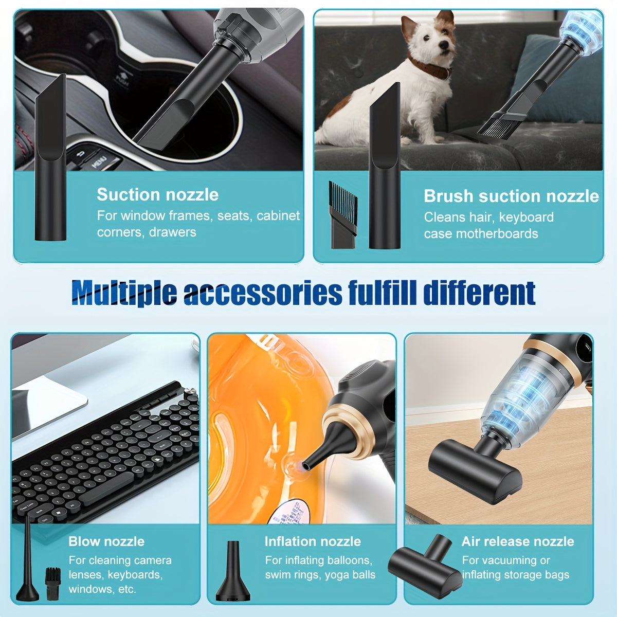 BELIBUY Aspirateur à main multifonction USB rechargeable, affichage de la puissance, lames de ventilateur, faible bruit de 70 Db, double usage soufflerie et aspiration, nettoyage bidirectionnel double mode, utilisation à la maison et en voiture, cartouche