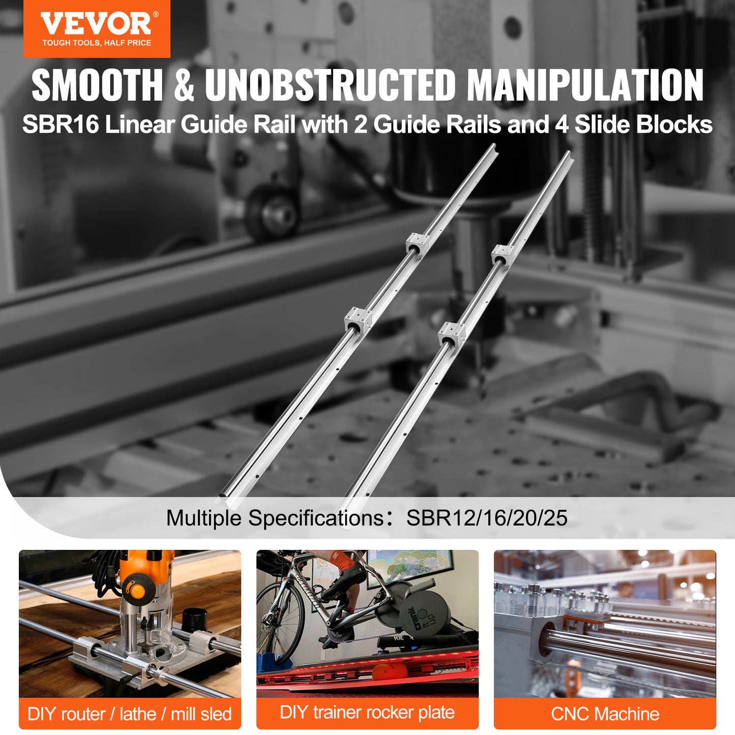 Ensemble de rails de guide linéaire VEVOR, SBR16 1500mm, 2pièces 59 in/1500 mm Rails de guide SBR16 et 4pièces Blocs de glissement SBR16UU, Kit de rails linéaires et de roulements pour machines automatiques DIY Projet de routeurs CNC