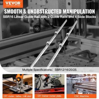 Ensemble de rails de guide linéaire VEVOR, SBR16 1500mm, 2pièces 59 in/1500 mm Rails de guide SBR16 et 4pièces Blocs de glissement SBR16UU, Kit de rails linéaires et de roulements pour machines automatiques DIY Projet de routeurs CNC