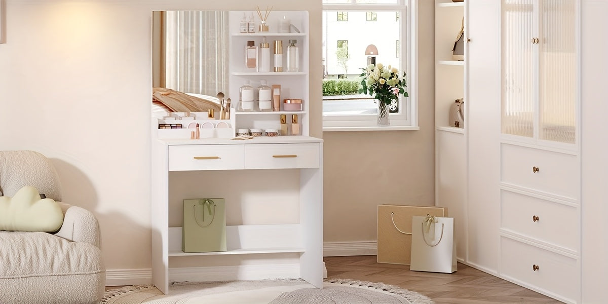 Table à toilette avec miroir, unité de toilette avec 4 étagères ouvertes et 2 compartiments, table à toilette avec 2 tiroirs, pour chambre à coucher, salon, ne comprend pas le tabouret