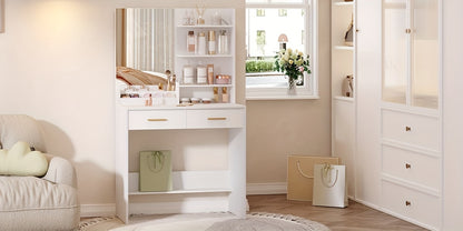 Table à toilette avec miroir, unité de toilette avec 4 étagères ouvertes et 2 compartiments, table à toilette avec 2 tiroirs, pour chambre à coucher, salon, ne comprend pas le tabouret