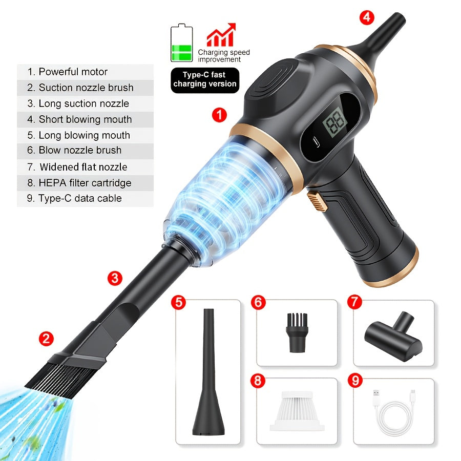 BELIBUY Aspirateur à main multifonction USB rechargeable, affichage de la puissance, lames de ventilateur, faible bruit de 70 Db, double usage soufflerie et aspiration, nettoyage bidirectionnel double mode, utilisation à la maison et en voiture, cartouche