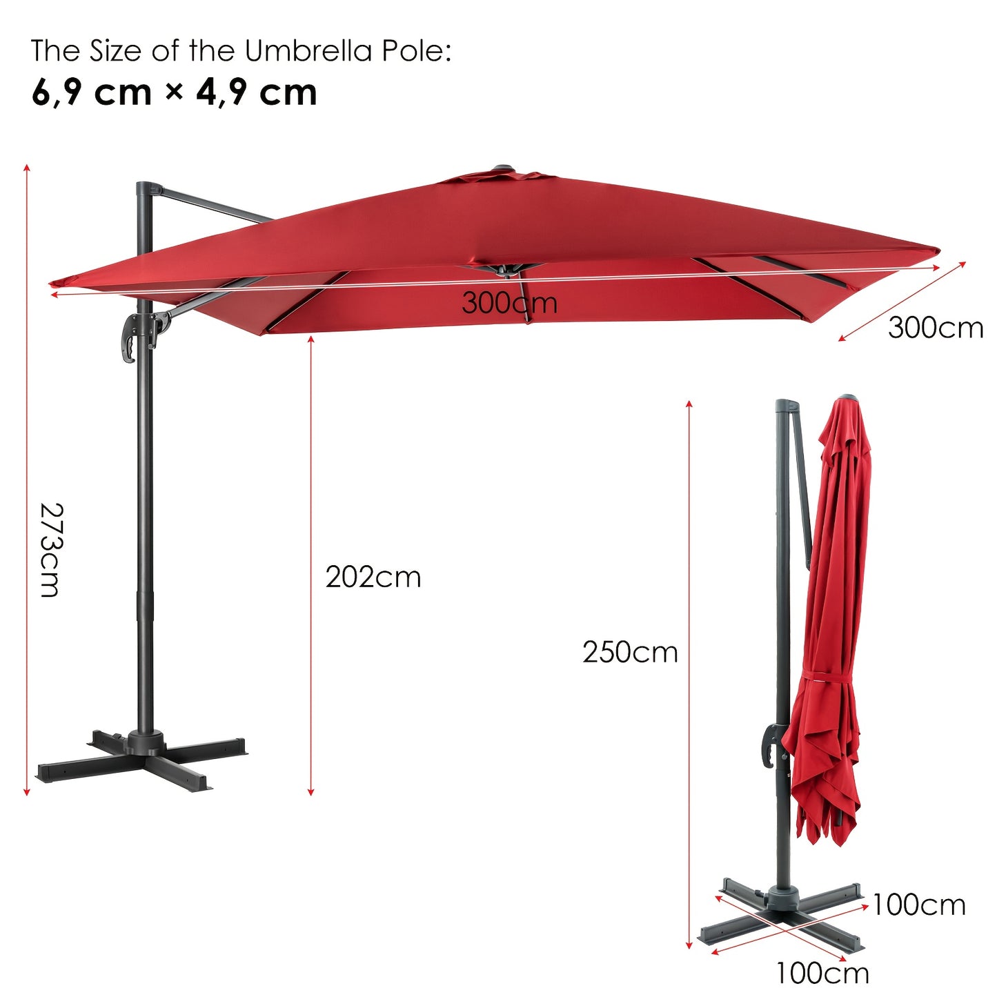 Parasol carré 300 X 300 cm, parasol de protection solaire avec cantilever rotatif à 360°, parasol de jardin inclinable, grand parasol de patio, parasol de marché pour jardins extérieurs, patios, cafés (Beige/Rouge/Café)