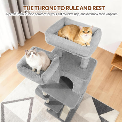 Fobyfurny Arbre à Chat Tour, Arbre à Chat 178cm pour Chats d'Intérieur, Cadre d'Escalade pour Chat Multi-Niveaux avec Griffoirs, Planche à Gratter, 2 Condos Confortables, 2 Perchoirs, Pompons, Place de Repos