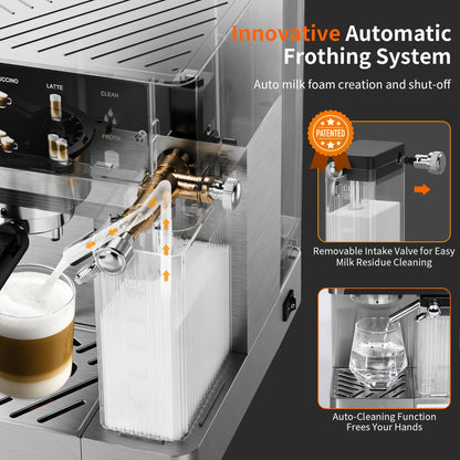 Machine à café espresso, 20 bars de pression, réservoir d'eau 1,8 L, mousseur à lait automatique, système à double chaudière, écran LCD, choix parfait pour la préparation de café à la maison, idéale pour préparer un espresso, cappuccino et latte authentiq