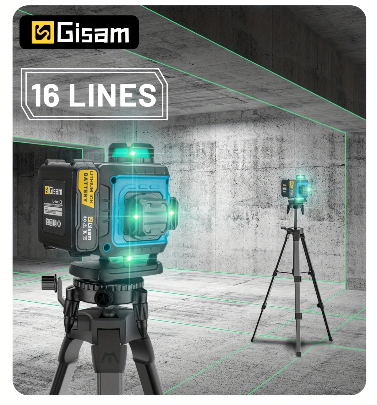 Niveau laser 4D vert Gisam 16 lignes avec trépied et contrôle par application, 4 x 360° auto-nivellement horizontal vertical croisé, outil de construction haute précision avec batterie lithium rechargeable, pour rénovation domicile et projets d'ingénierie