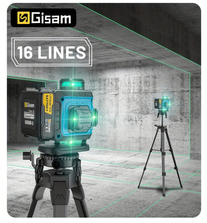 Niveau laser 4D vert Gisam 16 lignes avec trépied et contrôle par application, 4 x 360° auto-nivellement horizontal vertical croisé, outil de construction haute précision avec batterie lithium rechargeable, pour rénovation domicile et projets d'ingénierie