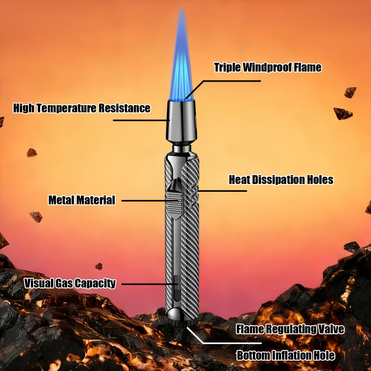 Briquet en métal, design luxueux à tube long à carreaux, poli, coupe-vent, rechargeable au butane, réglable, triple flamme bleue à jet avec réservoir visible, en alliage de zinc, plus facile à utiliser pour le camping, le barbecue, les bougies (sans gaz b