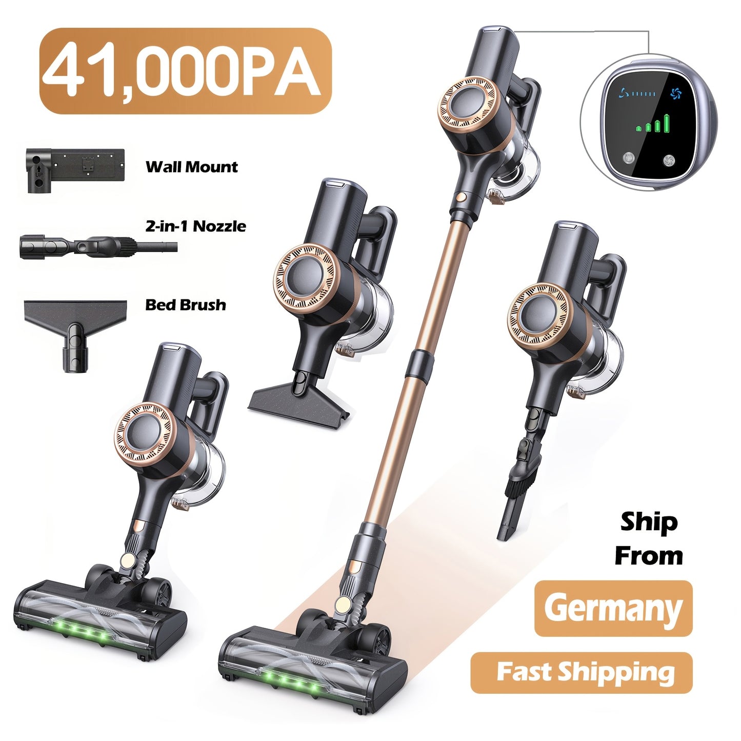 Aspirateur sans fil 41000Pa/55Min, Lubluelu P2 Super Silencieux, Aspirateur balai puissant avec écran LED/Brosse anti-enchevêtrement, Batterie détachable, Léger, Grand réservoir à poussière Idéal pour les poils d'animaux, le sol, le tapis
