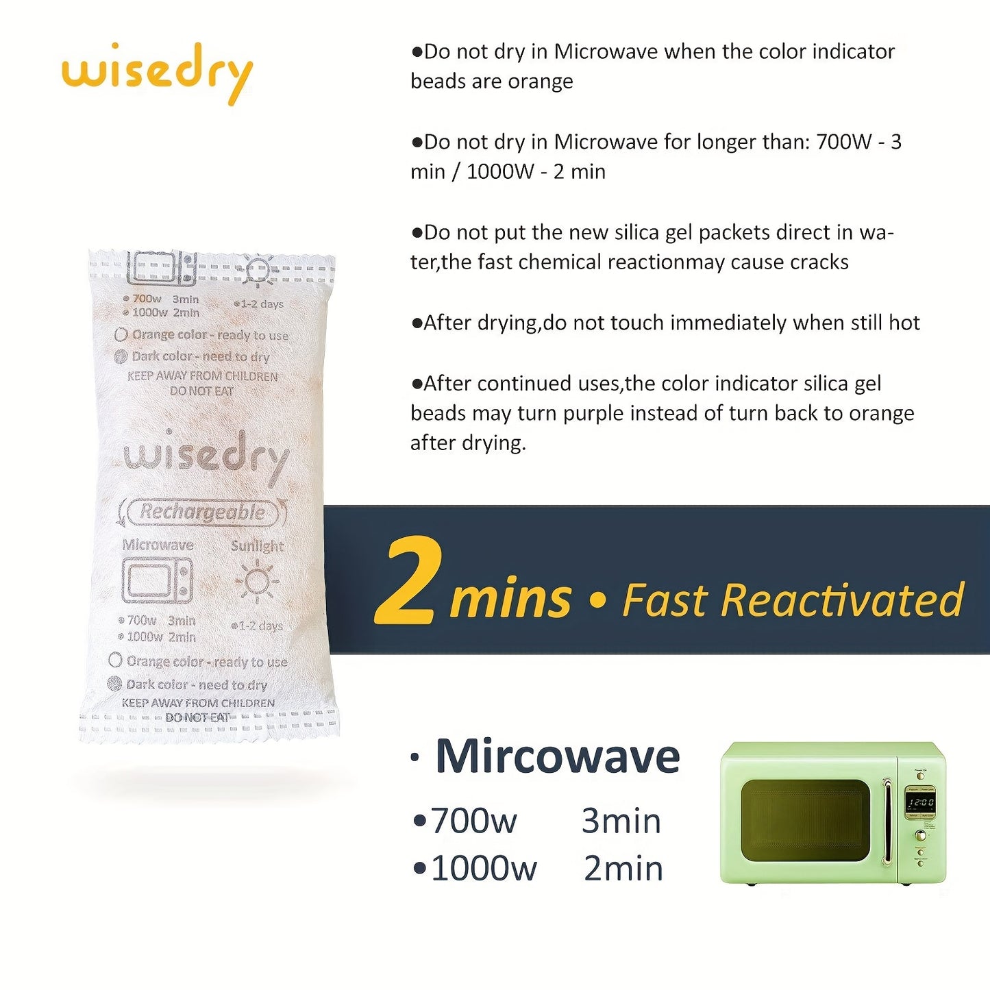 Lot de sachets déshydratants réutilisables Wisedry 5g 10g 50g, emballés individuellement, double couche scellée