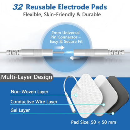31PCS d'Électrodes Réutilisables pour Appareils TENS & EMS, Coussinets en Gel de Rechange avec Connecteur de 2mm, Compatibles avec la Plupart des Équipements de Stimulation Musculaire, Électrodes en TPE