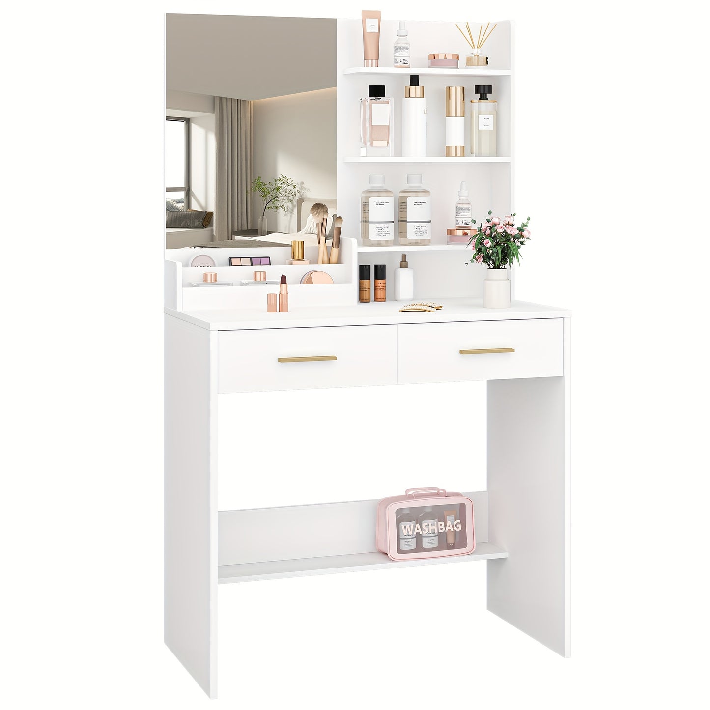 Table à toilette avec miroir, unité de toilette avec 4 étagères ouvertes et 2 compartiments, table à toilette avec 2 tiroirs, pour chambre à coucher, salon, ne comprend pas le tabouret