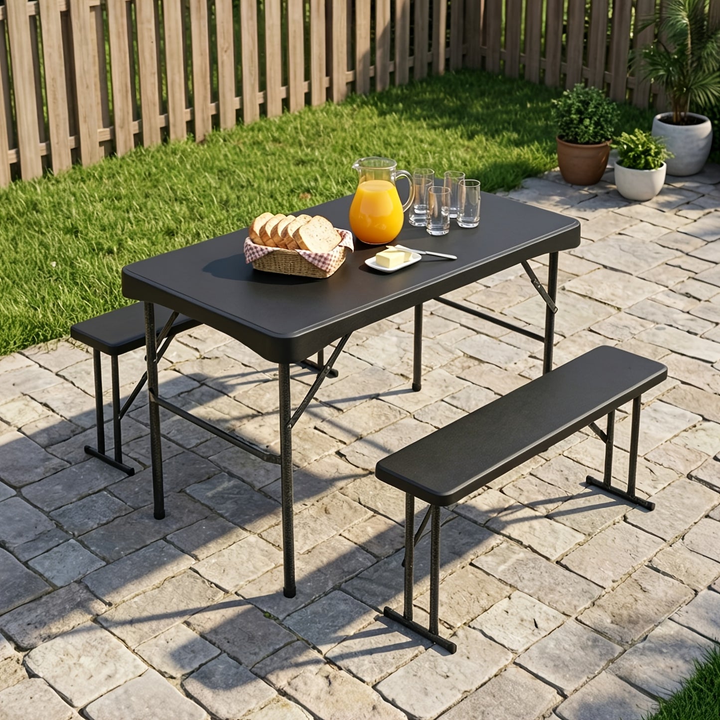 Ensemble de jardin de bière pliable 110 cm (table et 2 bancs), plastique PP robuste avec surface antidérapante, capacité de charge de 200 kg, résistant à la rouille, poignées portables, idéal pour une utilisation intérieure/extérieure pour les réunions de