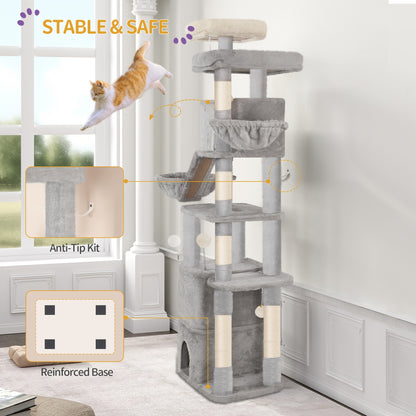 Grand Griffoir pour Chat 185 cm Stable avec 6 Poteaux à Griffer, 3 Grotto, 2 Plateformes d'Observation, 2 Paniers, 4 Balles en Peluche, Griffoir Multiniveau pour Chat