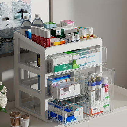 Boîte à médicaments familiale empilable à 3/4 niveaux - Grand organisateur de médicaments de haute qualité avec fenêtre observable, plastique épaissi, couvercle à rabat sécurisé pour la maison, le dortoir, le bureau et les voyages, boîte de rangement pour