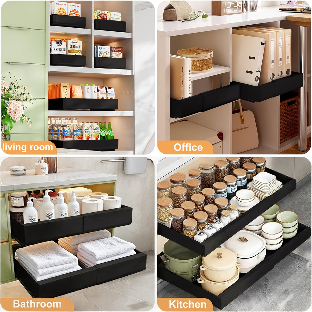 Un lot de 2 organisateurs d'armoire coulissants - étagère extensible à tiroirs adhésifs robuste, adaptée aux armoires de cuisine et étagères escamotables, idéale pour organiser le garde-manger, 31 cm-52 cm réglable (noir, blanc)